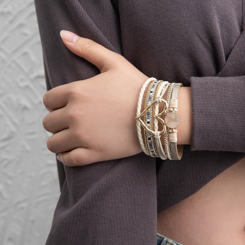 Rantanto Braid Leather Wrap Bracelet Trendy Stackable Crystal Cuff Boho Gold Heart Bracelet Jewelry Gift For Women - Image 4